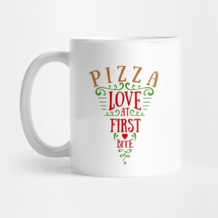 Pizza Slice. Love At First Bite. Lettering Mug